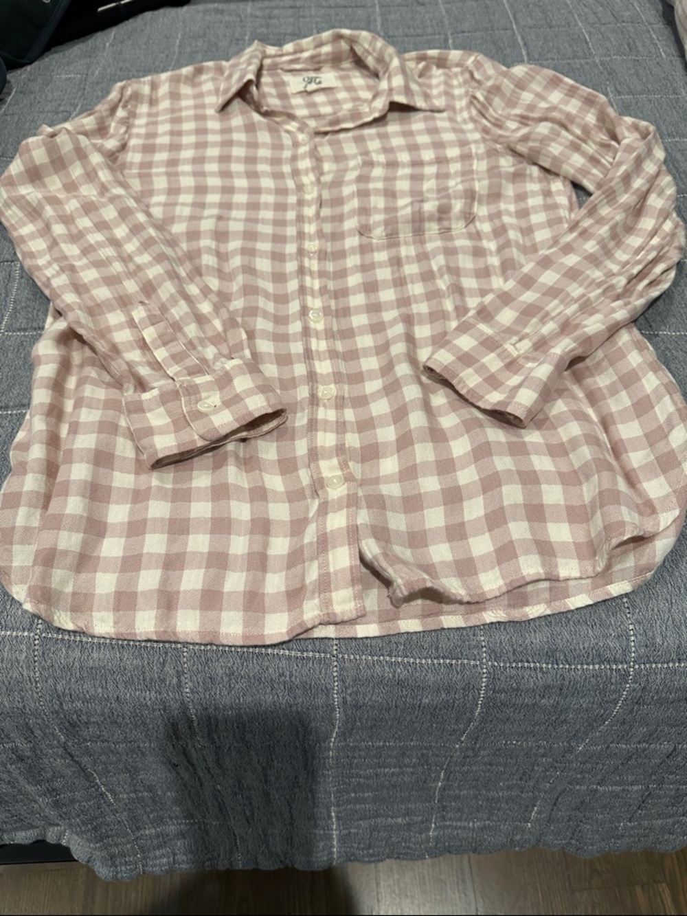 Women’s Tan and White Plaid Button-Up Shirt by Cosmic Blue Love